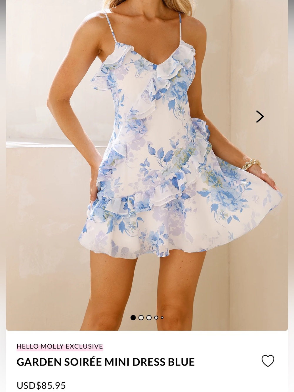 Hello Molly White Mini Dress with Blue Floral Ruffle Details